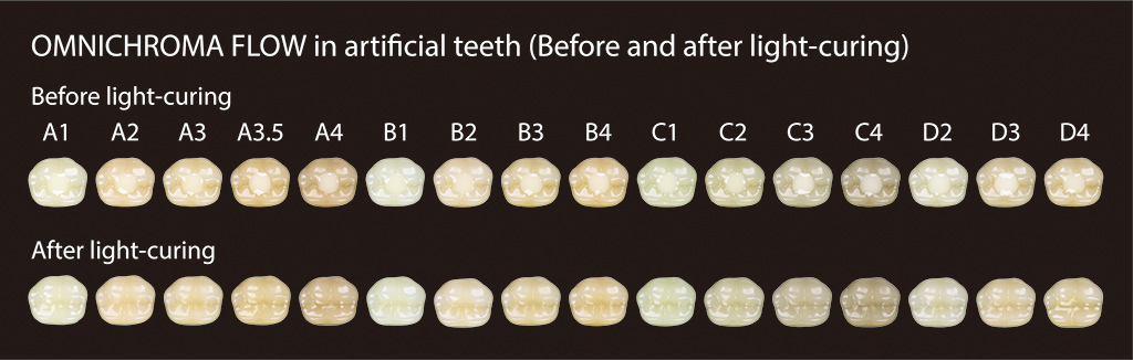 Antes y después del nuevo composite dental omnichroma flow en dientes artificiales. De venta exclusiva en proclinic.